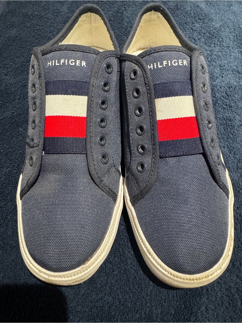 Tommy Hilfiger Navy Canvas Slip-On Sneakers with Red & White Accent